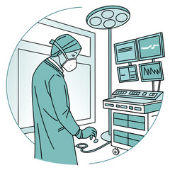 Surgeon in operating room preparing for surgery with medical equipment