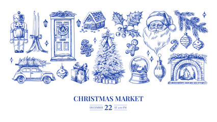 Christmas invitation card with hand drawn holiday elements. Festive mood, elegant vintage design. Vector sketch illustration.