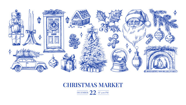 Christmas invitation card with hand drawn holiday elements. Festive mood, elegant vintage design. Vector sketch illustration.