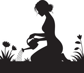 Silhouette of a Woman Watering Plants in a Garden