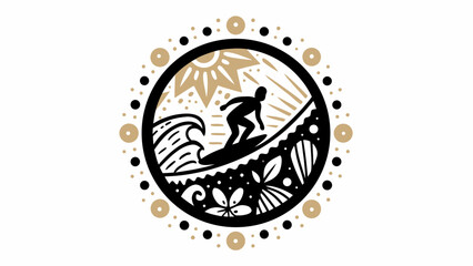 Dynamic surfer riding wave under sunny skies inside stylish circular emblem design for coastal lifestyle brand
