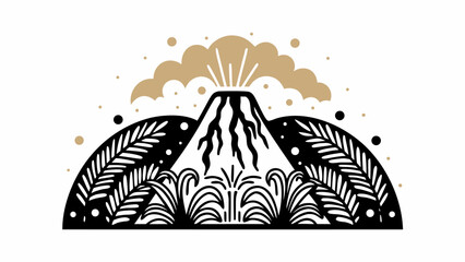 Striking volcano eruption amid lush tropical foliage in a bold, modern composition