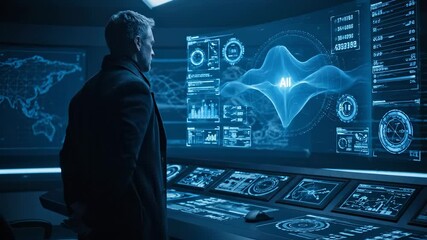 Inspecting hologram interface on dashboard. Man stands near control room console. Multiple hud monitor display global data map and analytics. Command center technology projects interactive projection.