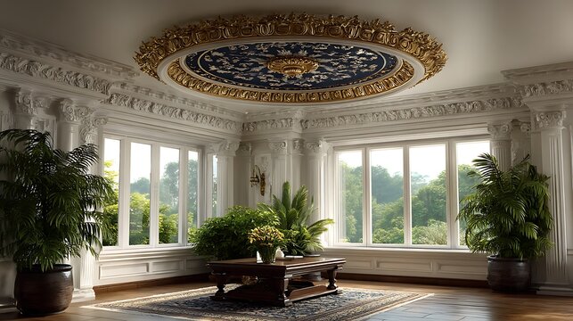 Classic interior with decorative ceiling medallions and ornate cornices.