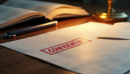Confidential Document on Desk with Ink Pen and Open Book for Legal Blogs, Compliance Articles, Business Security Content, and Professional Communication Resources