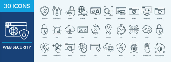 Editable 30 web security icons for web and mobile. Set of web security included icons line server, antivirus, biometric, alert, padlock
