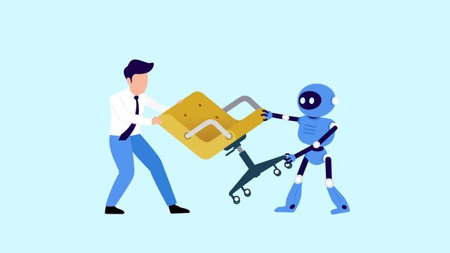 Human versus Robot Artificial Intelligence fighting over for chair, vacant job position. Competition between human and robot concept video motion