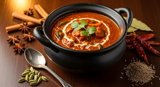 Indian Chicken Curry in Black Pot Spices Arrangement Wooden Table Culinary Still Life