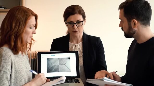 Three professionals discussing project details around a laptop showing floor tiles, one taking notes