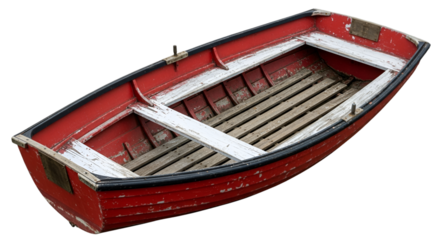 Weathered Red Rowboat with Wooden Slats