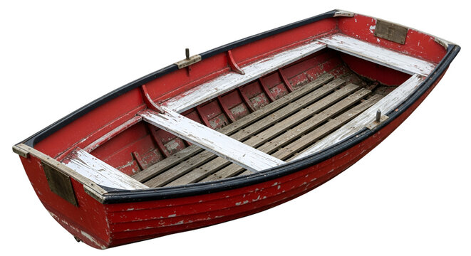 Weathered Red Rowboat with Wooden Slats