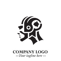 Head of Robot Logo Symbol in Black on the White Background Futuristic Minimalist Illustration
