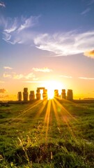 Ancient stones bathed in the light of a fiery sunset over a grassy field