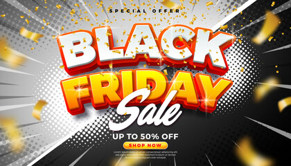 Black Friday Sale Shopping Day Banner with 3d Typography Lettering and Falling Confetti on Retro Comic Style Background. Vector Black Friday Holiday Season Cartoon Design for Discount Offer, Promotion