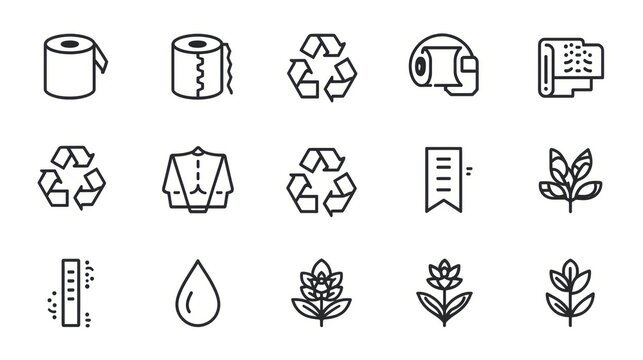 Set of icons representing paper products recycling sustainability and natural ingredients for packaging and hygiene applications