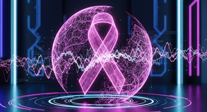 Breast Cancer Awareness Neon Digital Concept with Pink Ribbon - Powered by Adobe