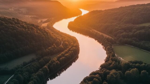Aerial view of a serpentine river reflecting a warm, glowing sunrise over hills