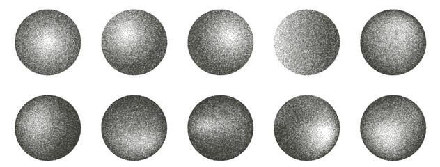 Noise gradient round element set. Speckle dotwork gradient circles collection. Vector black text boxes shapes of dots texture. Ink paint spray orbs icon isolated on transparent background.