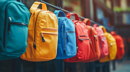 Row of vibrant backpacks hanging outdoors, representing education, travel, adventure, and readiness