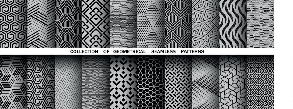 Geometric set of seamless black and gray patterns. Simple vector graphics
