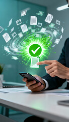 A secure document mobile phone digital approval green check data cloud business office workflow file transfer encryption validation