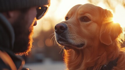 tender moment between a man and his golden retriever, bathed in warm sunset light, depicting companionship and loyalty for pet blogs, lifestyle sites, or heartwarming social media posts