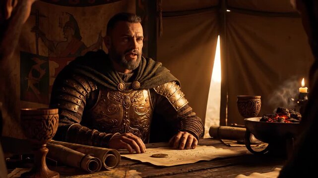 Planning strategy over battle map. Medieval knight commander studies parchment. Armor glints under tent lantern. Warlord and general confer over campaign route. Cup and scroll rest on wooden table.