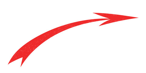 Hand drawn crayon movement red arrow. Grunge squiggly arrow. Pencil chalk lines sketch. Color brush scribble element. Doodle vector illustration.
