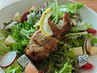 Grilled meat dishes, including lamb chops and beef steak, served with a fresh green salad for a delicious gourmet dinner