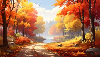 A vibrant autumn landscape of a path through trees, showcasing colorful foliage and a serene lake