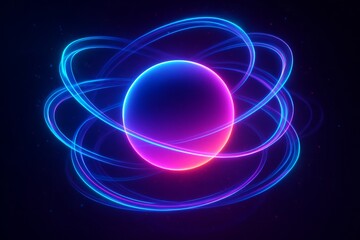 Neon sphere surrounded by swirling holographic rings
