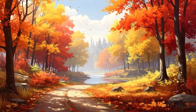 A vibrant autumn landscape of a path through trees, showcasing colorful foliage and a serene lake - Powered by Adobe