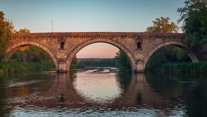 Fototapeta premium Stone Arches at Twilight, River Reflection, Tranquil Scene, Warm and Cool Contrasts.