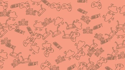 Repeating patterns of clouds, game controllers, and consoles. Perfect for backgrounds, gamingrelated designs, techthemed projects, and print materials. - Powered by Adobe