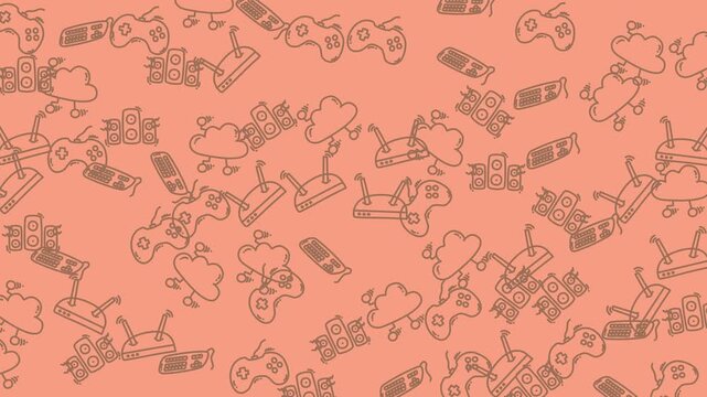 Repeating patterns of clouds, game controllers, and consoles. Perfect for backgrounds, gamingrelated designs, techthemed projects, and print materials.