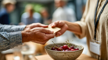 Business exchange: a person passing a card to another, with a bowl of cherries nearby at a casual event, promoting networking and connection.
