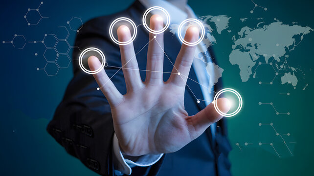 Modern business professional using digital interface with world map, connecting globally, networking with innovative technology, futuristic design