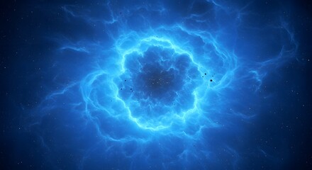 A vibrant, swirling cosmic nebula, radiating blue light, with a dark center and scattered particles