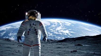 An astronaut stands on a cratered moon surface under starry space, with Earth visible in the background - Powered by Adobe