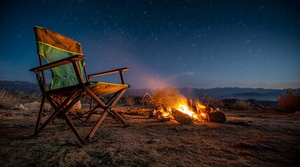 Fototapeta premium Camping chair by campfire at night