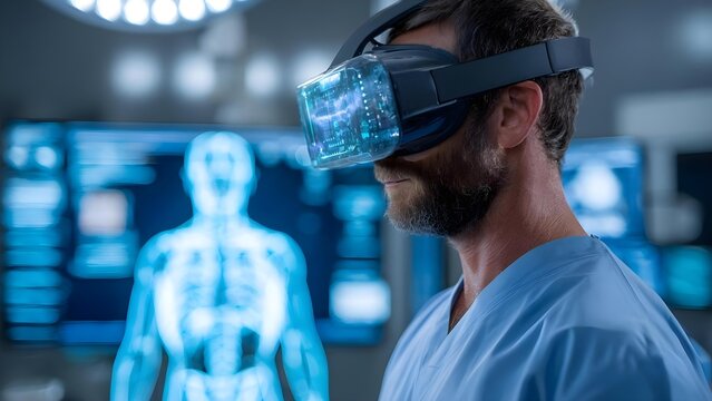 A healthcare professional wearing a VR headset studies a blue holographic human body in a futuristic clinical setting. Concept Healthcare, Virtual Reality, Holographic Anatomy, Futuristic Clinic