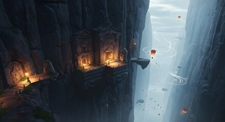 Ancient temple carved into a cliff face, illuminated with lanterns, overlooking a misty valley