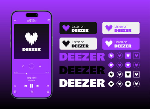 Mobile Deezer app interface in vibrant purple theme with logo variations, icons, and &ldquo;Listen on Deezer&rdquo; button styles for digital branding presentation