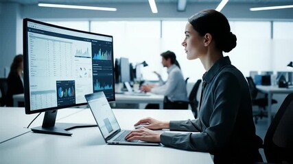 Focused business woman analyzing data on multiple screens in a modern corporate office Professional female employee working on financial reports and digital das - Powered by Adobe