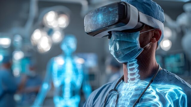 Surgeon in an operating room wearing a VR headset, with holographic spine and chest X-ray overlay. Concept VR-assisted surgery, Holographic spine overlay, Chest X-ray AR, Futuristic OR