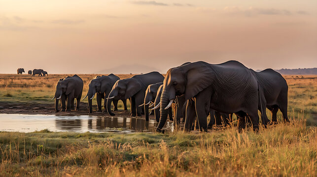 A herd of elephants drinking and grazing across the vast African savanna. - Powered by Adobe