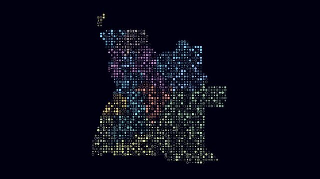 Angola dotted animation. Shape of the country build of pulsating colored dots. Small size circle blocks. Digital style map on dark background. Simple video.