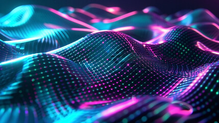 Abstract digital landscape with glowing grid and vibrant colors, futuristic wave