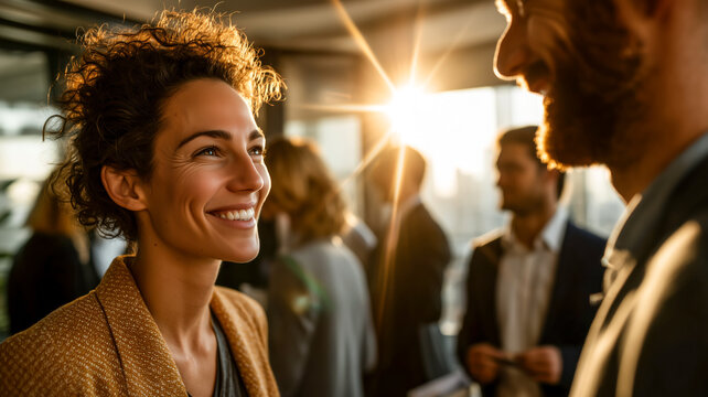 Smiling woman at a networking event, sunlight shining through the crowd. Professionals connect and engage in conversation.