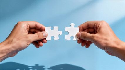 Two hands connecting white puzzle pieces on blue background symbolizing teamwork collaboration partnership and problem solving concept
